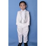 boy-005 白 子供タキシード （ジャケット,カマーバンド,長ズボン,ワイシャツ,蝶ネクタイの5点セット）子供 タキシード 燕尾服 子ども こども キッズ 子供用 ホワイト 白 福袋 フォーマル 男の子 キッズタキシード 90/95/100/105/110/115/120/125/130/135/140/145cm 結婚式 発表会