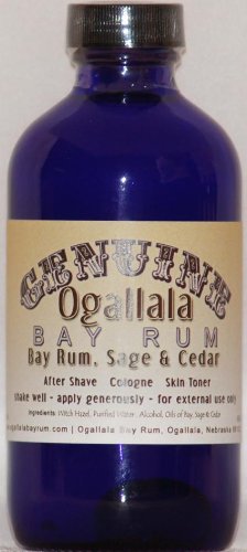 4 oz Genuine Ogallala Bay Rum Sage & Cedar Aftershave. Old-time looking bottle and label.