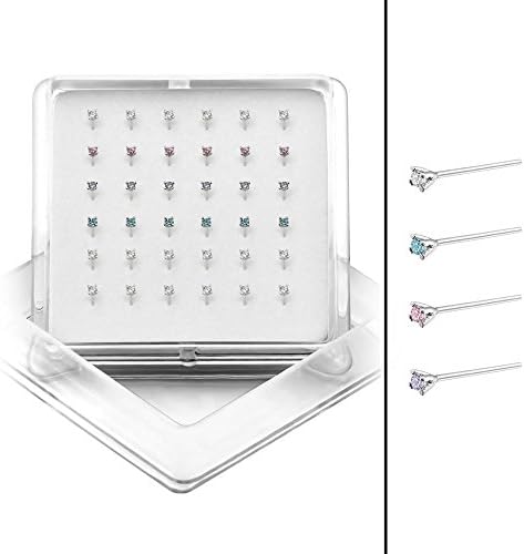 .925 Sterling Silver (Pack of 36) Small Square Assorted Crystal Nose Studs 27874