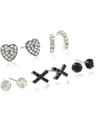 Earring Set with Five Pairs of Silver-Tone Studs with Faceted Jet and Clear Crystals