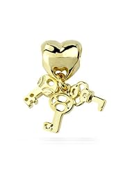 Best Gift for Mom, 18k Yellow Gold Overlaid 3 Keys for the Heart Lock Dangle Charm, Fits Jovana and All Brands Charm Bead Bracelets. Can Use As a Very Pretty Necklace Pendant.