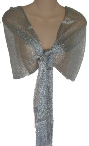Silver Mesh Sheer Fringed Evening Wrap Scarf Shawl for Prom Wedding Bride