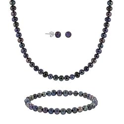 Sterling Silver 5.5-6mm Genuine Freshwater Cultured Peacock Pearl Necklace Bracelet & Stud Earrings Set