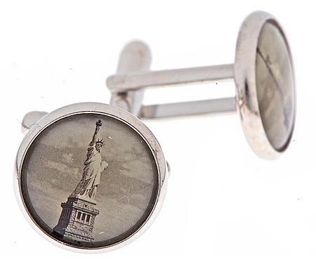 Patriotic silver plated cufflinks with an image of the Statue of Liberty with presentation box. Made in the U.S.A