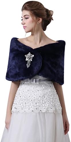 Rosalindbridal Wedding Bridal Faux Fur Wrap Shawl Cape Stole Navy Blue M