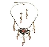 Vintage Style Michal Negrin Jewelry Set: Necklace, Decorated with Gothic Roses Cameo, Falling Chains and Grand Beads; Earrings with Hand Painted Flowers and Beads; All Accented with Black and Beige Swarovski Crystals - Special Ordered and Shipped by Genuvo within 2 to 3 Weeks