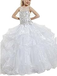 Girls Halter Floor Length  Scoop Neck Applique Beaded Lace Crystal  Organza/Taffeta  Ball Gown Pageant Dress  With Ruffles