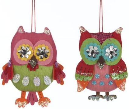 Knit with Felt Stuffed Whimsical Owls Holiday Christmas Ornaments Set of 2