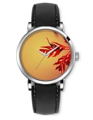 SPRAWL Aanalog Fashion Series Silver Ladies Watches of Genuine Black Leather Strap,Unique Wrist Watch for Women Girls Designed with orange leaves