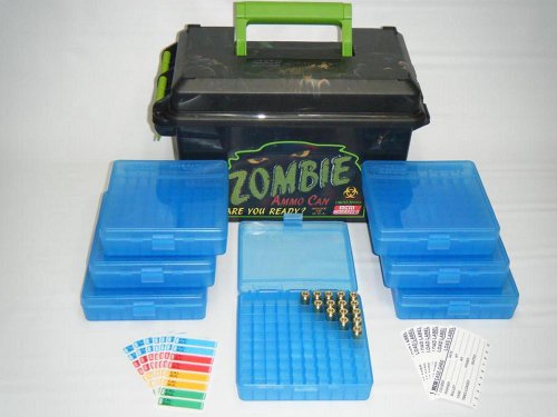 MTM 50 Cal Zombie Ammo Storage Case Kit for 700 Rounds 45 ACP, 10mm Auto, 40 S&W, 41 Action Express, 357 Sig., 44 Auto Mag., 45 Auto Rim, 45 GAP, 38 Casull, 400 Cor-Bon, 8mm Nambu - Includes (1) Model AC50Z 50 Caliber Zombie Edition Ammo Can + (7) Model P100-45-24 Clear Blue 100 Round Ammunition Boxes On Sale