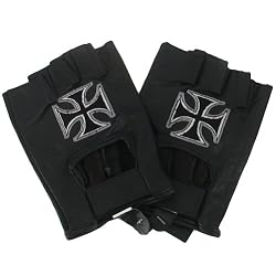 New Iron Cross Fingerless Leather Biker Chopper Gloves * Extra Large