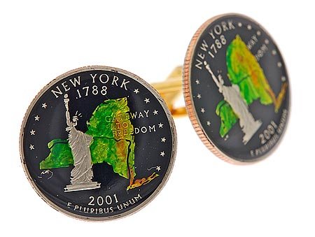 Hand painted enamelled New York State Quarter coin cufflinks