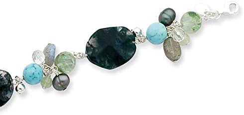Sterling Silver Agate Grn Moss & Rk Quartz Labradolite Prehnite Bracelet, 8 inches, Women Jewelry