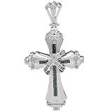 14K White Gold Mens Diamond Cross Pendant with Blue Diamonds 1.87 Ctw