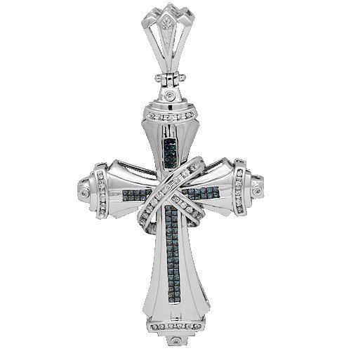 14K White Gold Mens Diamond Cross Pendant with Blue Diamonds 1.87 Ctw