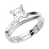 14K White Gold Solitaire Princess CZ Cubic Zirconia High Polish Finish Ladies Wedding Engagement Ring and Matching Band 2 Two Piece Sets