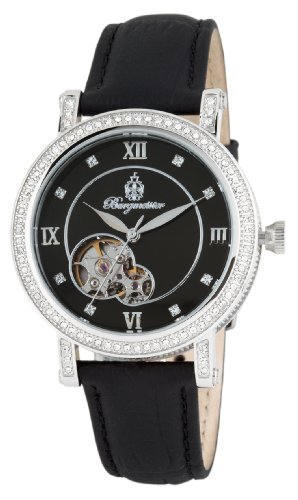 Burgmeister Uppsala BM511-122 Damen Automatik Uhr Edelstahl schwarz offene Unruh Swarovski-Kristalle Leder schwarz