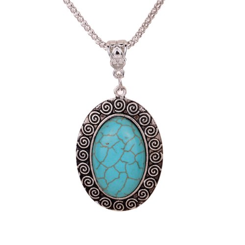 Yazilind Retro Oval Turquoise Pendant Carve Symbol Pendant Chain Necklace