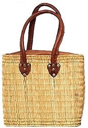Moroccan Straw Summer Beach / Purse with Leather Zip Top 15" x 11" x 4.5"