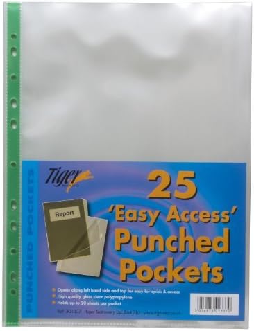 25 Pack of Premium Quality A4 90 Micron Strong 'Easy Access' Top and Side Opening Plastic Poly Punched Pockets Wallet Sleeves Clear Finish
