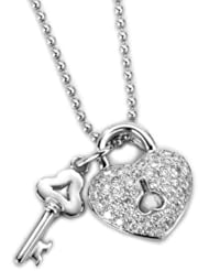 18K White Gold Diamond Key and Lock Love Heart Pendant Necklace W/ Sterling Silver Box Chain (0.28 cttw, G-H Color, VS2-SI1 Clarity), 16"