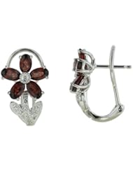 14K White Gold 2.91ct Happy Flower Diamond & Oval Garnet Gemstone Stud Earrings