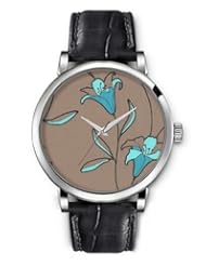 SPRAWL Aanalog Fashion Series Silver Ladies Watches of Genuine Black Leather Strap,Unique Wrist Watch for Women Girls Designed with Drawing lily flowers on blue background coffee