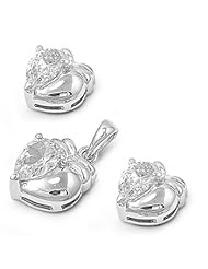 Sterling Silver CZ Fine Halfhearted Earring & Necklace Set
