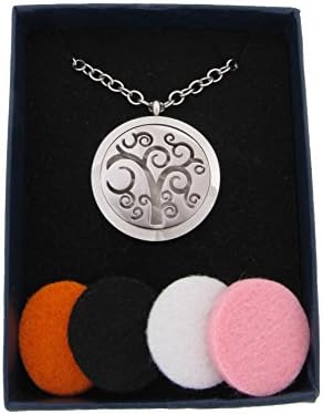 Fragrance Gift TM Surgical-grade Hypoallegenic 316l Stainless Steel Fragrance Diffuser Necklace 23.8" Chain with 4 refill pads(Silver-Tree)