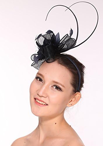 /Sinamay Fascinator Hat with Feather Flower, Navy Blue