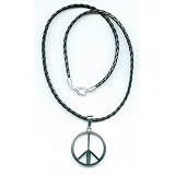 Stainless Steel, 30mm X 47mm, Peace Sign, Pendant 16" Long Braided Leather Cord Necklace Lobster Claw Clasp - Black 4 Strand Braid Round , 3 Mm Wide
