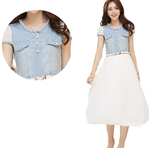 ナナコレクション Nana_Collection 2015 夏 上品 清楚 お嬢様 スタイル デニム ＆ シフォン が美しい レディース ガールズ ロング プリーツ スカート ワンピース ブルー S M L XL 2XL