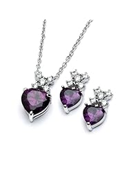 Rhodium Plated 925 Sterling Silver Heart Cut Prong Set Amethyst Cubic Zirconia CZ Designer Earrings and Necklace Set