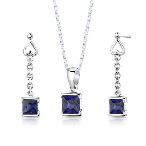 Sterling Silver Princess Cut Sapphire Pendant Earrings and 18 inch Necklace Set