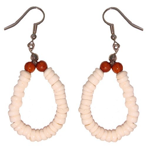 Hawaiian Puka Shell Hoop Earrings with Koa Wood Beads