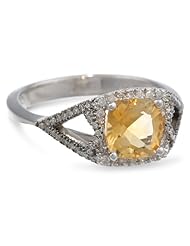 Badgley Mischka Fine Jewelry Sterling Silver White and Champagne Diamonds Cushion Cut Citrine Ring, Size 7
