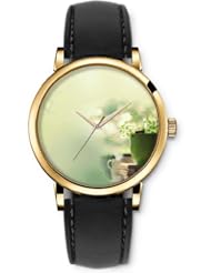 SPRAWL Aanalog Fashion Series Gold Ladies Watches of Genuine Black Leather Strap,Unique Wrist Watch for Women Girls Designed with Green cup shaped pot