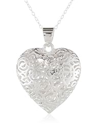 Sterling Silver Open Design Puffed Heart Pendant Necklace, 18"