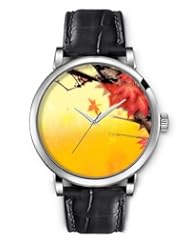SPRAWL Aanalog Fashion Series Silver Ladies Watches of Genuine Black Leather Strap,Unique Wrist Watch for Women Girls Designed with Maple leaves on yellow background