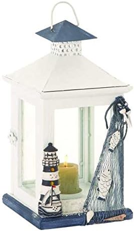 Nautical Wood Glass Lantern Candle Holder, Metal Roof, White Blue, 14-inch