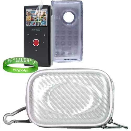 Flip Mino HD 2nd Generation Flip Video TPU Camera Carrying Case Pouch Sleeve--  WHITE  + SMOKE TPU Flip Mino HD 2G Skin + Flip Mino HD 2G Screen Protector + Vangoddy tm, Live*Laugh*Love wrist band!!!