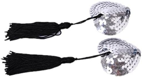 Ywsports Women Sexy Silicone Sequin Tassel Heart Shape Lingerie Breast Bra Stickers Nipple Covers (Silver)