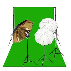 CowboyStudio 675W Reflective Soft Umbrella Triple Lighting Kits, Backdrop Support, and 6'x9' Chromakey - Green Muslin Backdrop