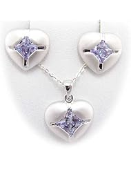 Sterling Silver Alexandrite CZ Heart Pendant Earrings Flat Cable Chain 18 inch