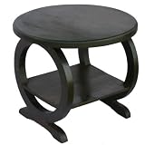 Handmade Asian Furniture - 24" Round Wood Coffee / Cocktail Table With Circular Motif & Shelf