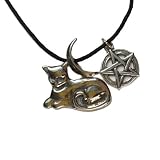 Mystic Moon Wicca Cat and Pentagram Pewter Pendant on Corded Necklace