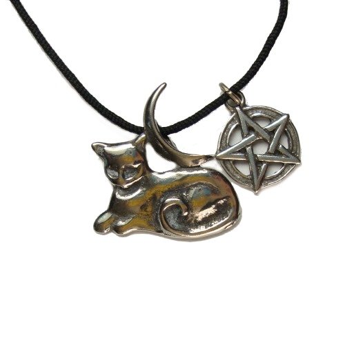 Mystic Moon Wicca Cat and Pentagram Pewter Pendant on Corded Necklace