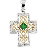 14K Two-Tone Gold Tsavorite and Diamond Anniversary Cross Pendant - 22.00x18.50mm