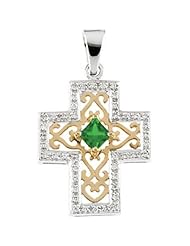 14K Two-Tone Gold Tsavorite and Diamond Anniversary Cross Pendant - 22.00x18.50mm -- LIFETIME WARRANTY