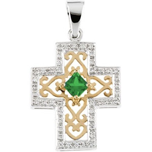14K Two-Tone Gold Tsavorite and Diamond Anniversary Cross Pendant - 22.00x18.50mm